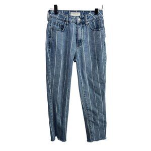 PacSun Mom Jeans Womens 23 Striped High Rise Blue Denim Frayed Hem Casual